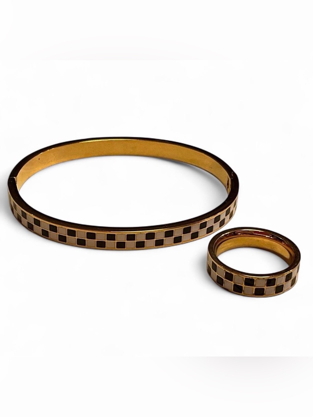 Gold toned checkered bracelet and ring set